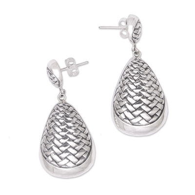 Sterling silver dangle earrings, 'Weave Drops' - Sterling Silver Bedeg Weave Droplet Dangle Earrings