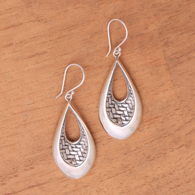 Sterling silver dangle earrings, 'Woven Allure' - Sterling Silver Teardrop Bedeg Weave Dangle Earrings