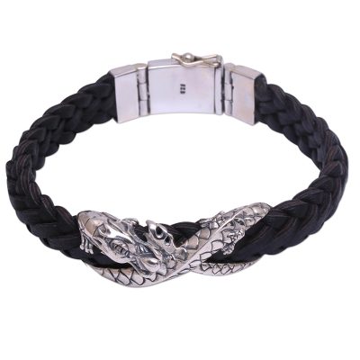 Men's sterling silver and leather braided pendant bracelet, 'Never Ending Dragon' - Men's Sterling Silver and Black Leather Dragon Bracelet