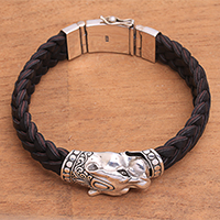 Men's sterling silver braided pendant bracelet, 'Panther Palace' - Men's Leather and Sterling Silver Panther Braided Bracelet