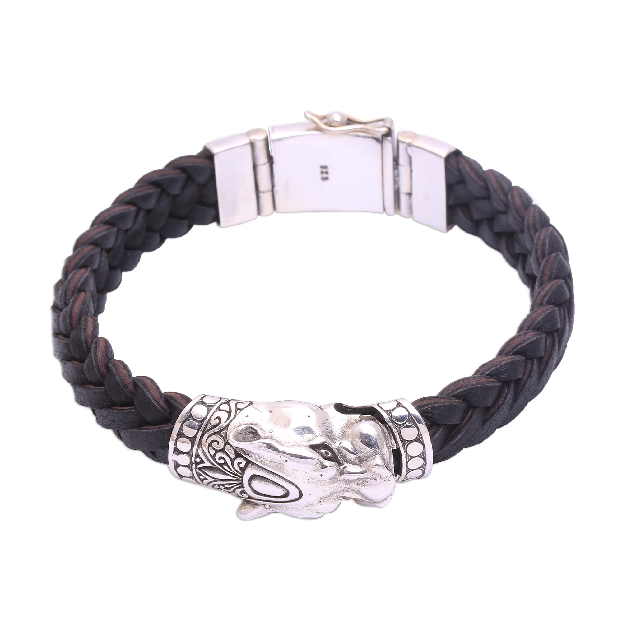 Men's Leather and Sterling Silver Panther Braided Bracelet - Panther ...