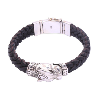 Men's sterling silver braided pendant bracelet, 'Panther Palace' - Men's Leather and Sterling Silver Panther Braided Bracelet