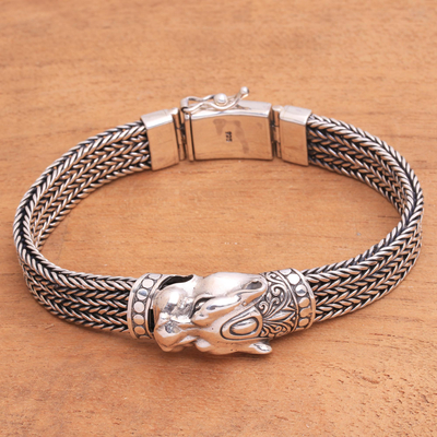 Men's sterling silver chain bracelet, 'Mystic Panther' - Men's Sterling Silver Naga Chain Panther Bracelet