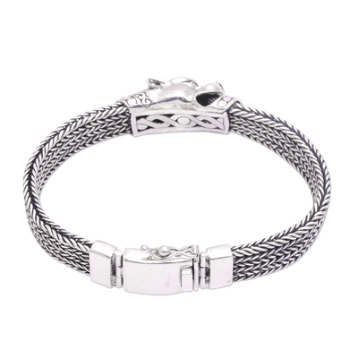 Men's sterling silver chain bracelet, 'Mystic Panther' - Men's Sterling Silver Naga Chain Panther Bracelet