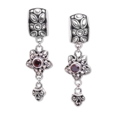 Garnet dangle earrings, 'Petal Allure' - Sterling Silver and Garnet Floral Elongated Dangle Earrings