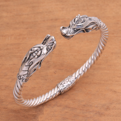 Sterling silver cuff bracelet, 'Soaring Dragon' - Handcrafted Sterling Silver Two Dragon Head Cuff Bracelet