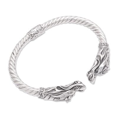 Sterling silver cuff bracelet, 'Soaring Dragon' - Handcrafted Sterling Silver Two Dragon Head Cuff Bracelet