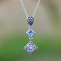 Blue topaz pendant necklace, 'Dragonflies at Daybreak'