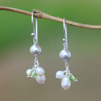 Cultured pearl and peridot dangle earrings, Snow Drops