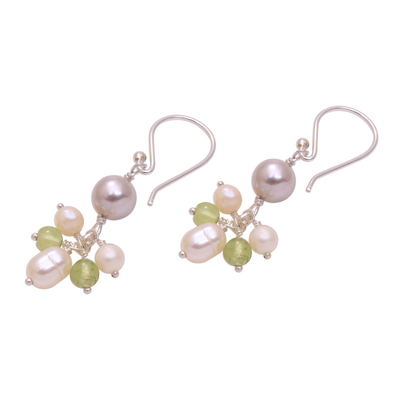 Cultured pearl and peridot dangle earrings, 'Snow Drops' - Cultured Pearl and Peridot Cluster Dangle Earrings from Bali