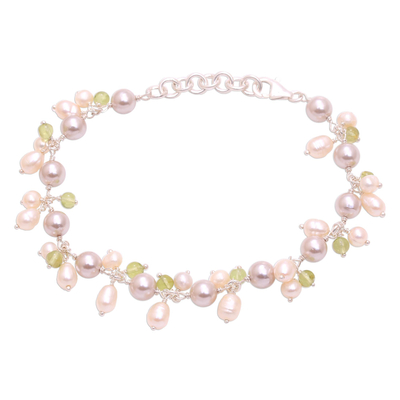 Cultured pearl and peridot charm bracelet, 'Snow Drops' - Cultured Pearl and Peridot Cluster Charm Bracelet from Bali