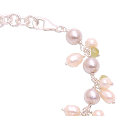 Cultured pearl and peridot charm bracelet, 'Snow Drops' - Cultured Pearl and Peridot Cluster Charm Bracelet from Bali