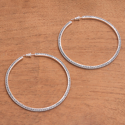 Sterling silver half-hoop earrings, 'Naga Loops' (2.4 inch) - Naga Chain Sterling Silver Half-Hoop Earrings (2.4 in.)