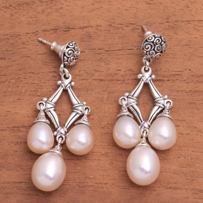 Cultured pearl chandelier earrings, 'Bamboo Glow' - Cultured Pearl Chandelier Earrings from Bali
