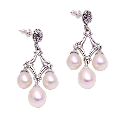 Cultured pearl chandelier earrings, 'Bamboo Glow' - Cultured Pearl Chandelier Earrings from Bali