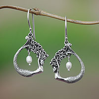 Cultured pearl dangle earrings, 'Mermaid Pose' - Cultured Pearl Mermaid Dangle Earrings Crafted in Bali