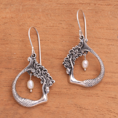 Cultured pearl dangle earrings, 'Mermaid Pose' - Cultured Pearl Mermaid Dangle Earrings Crafted in Bali
