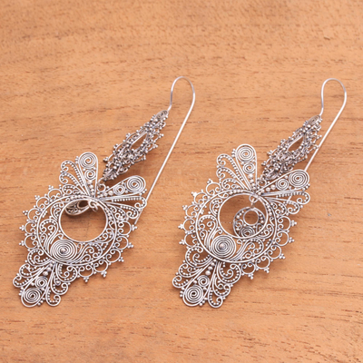 Sterling silver filigree dangle earrings, 'Peacock Empress' - Handmade Sterling Silver Filigree Dangle Earrings from Bali