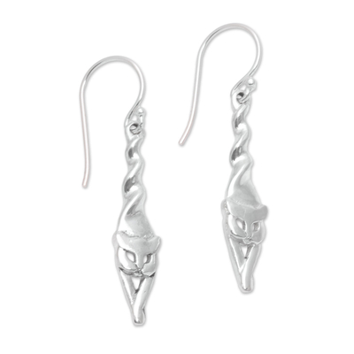 Sterling silver dangle earrings, 'Kitty Stretch' - Sterling Silver Cat Dangle Earrings Crafted in Bali