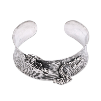 Sterling silver cuff bracelet, 'Majestic Creature' - Artisan Crafted Sterling Silver Dragon Cuff Bracelet