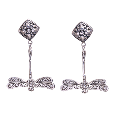 Sterling silver dangle earrings, 'Diving Dragonflies' - Bali Artisanal Sterling Silver Dragonfly Dangle Earrings