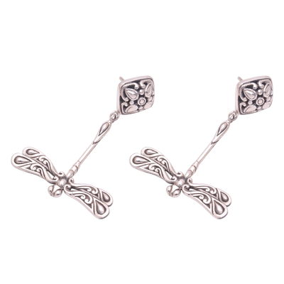 Sterling silver dangle earrings, 'Diving Dragonflies' - Bali Artisanal Sterling Silver Dragonfly Dangle Earrings