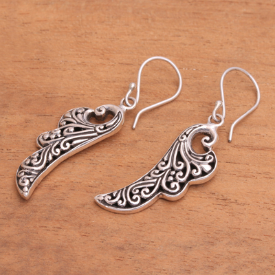 Sterling silver dangle earrings, 'Balinese Angel Wings' - Handcrafted Sterling Silver Flower Wings Dangle Earrings