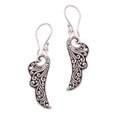 Sterling silver dangle earrings, 'Balinese Angel Wings' - Handcrafted Sterling Silver Flower Wings Dangle Earrings