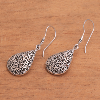 Sterling silver dangle earrings, 'Rain Blossoms' - Sterling Silver Scroll Work Raindrop Dangle Earrings