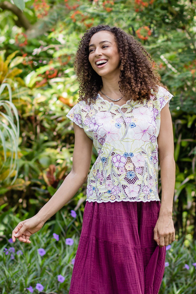 Rayon blouse, 'Springtime Mallow' - Colorful Floral Embroidered Rayon Blouse from Bali
