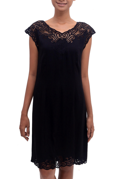 Rayon dress, 'Onyx Kirana' - Embroidered Rayon Fit & Flare Dress in Onyx from Bali