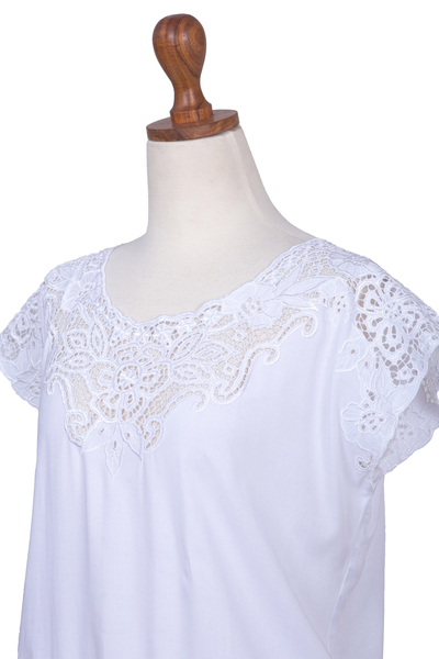 Rayon blouse, 'White Kusuma' - Floral Embroidered Rayon Blouse in White from Bali