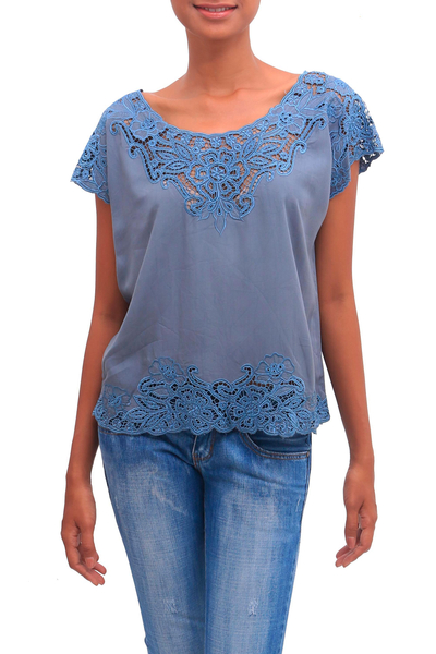 Rayon blouse, 'Blue Spruce Kusuma' - Floral Embroidered Rayon Blouse in Blue from Bali