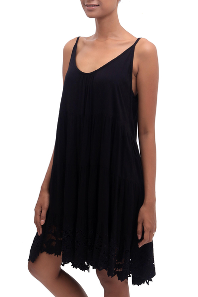 Rayon sundress, 'Onyx Dewi' - Embroidered Rayon Sundress in Onyx from Bali