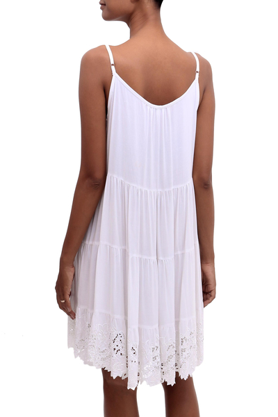 Rayon sundress, 'Snow White Dewi' - Embroidered Rayon Sundress in Snow White from Bali