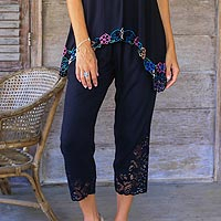 Floral Embroidered Rayon Pants in Onyx from Bali,'Onyx Padma Flower'