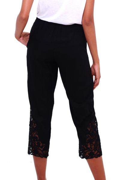 Rayon pants, 'Onyx Padma Flower' - Floral Embroidered Rayon Pants in Onyx from Bali