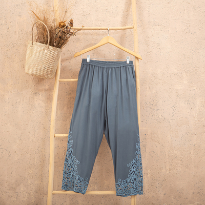 Rayon pants, 'Padma Flower' - Floral Embroidered Rayon Pants in Smoke from Bali