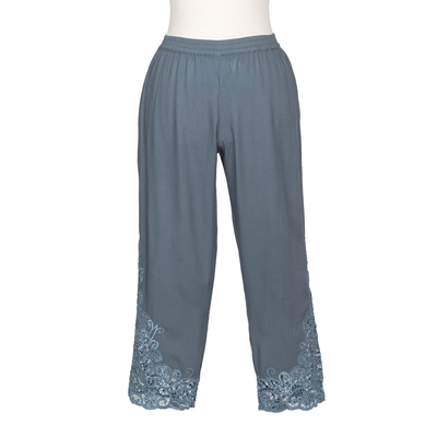Rayon pants, 'Padma Flower' - Floral Embroidered Rayon Pants in Smoke from Bali