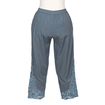 Floral Embroidered Rayon Pants in Smoke from Bali - Smoke Padma Flower