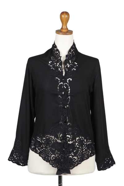 Rayon kebaya blouse, 'Onyx Bidadari' - Embroidered Rayon Kebaya Blouse in Onyx from Bali
