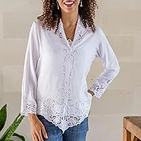 Rayon kebaya blouse, 'Snow White Bidadari' - Embroidered Rayon Kebaya Blouse in Snow White from Bali