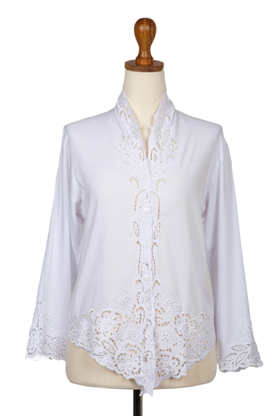UNICEF Market | Embroidered Rayon Kebaya Blouse in Snow White from Bali ...