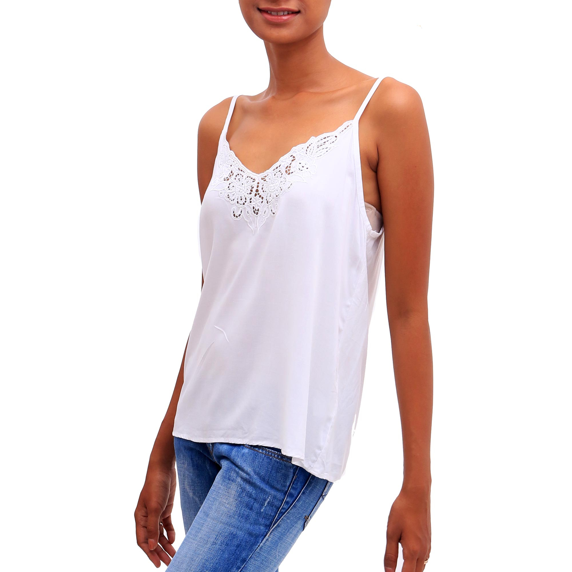 UNICEF Market | Floral Embroidered Rayon Tank Top in Snow White from ...
