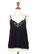 Rayon tank top, 'Onyx Kerawang' - Floral Embroidered Rayon Tank Top in Onyx from Bali