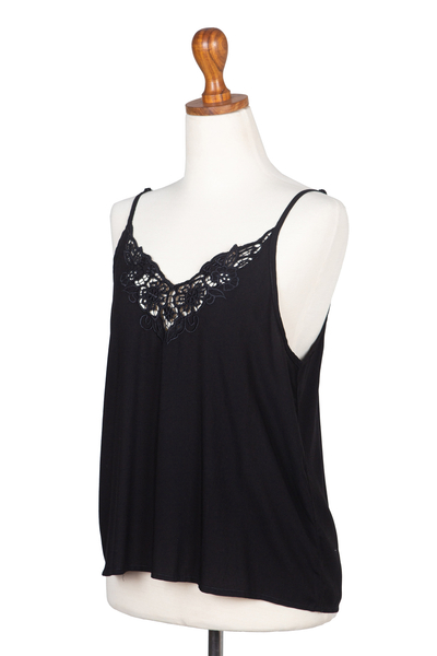 Rayon tank top, 'Onyx Kerawang' - Floral Embroidered Rayon Tank Top in Onyx from Bali