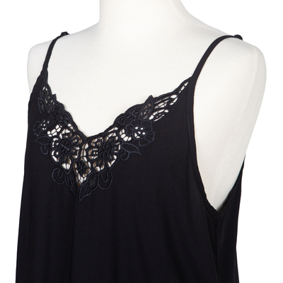 Rayon tank top, 'Onyx Kerawang' - Floral Embroidered Rayon Tank Top in Onyx from Bali