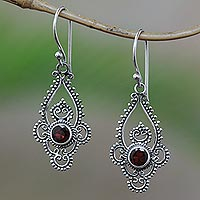 Garnet dangle earrings, 'Elegant Evening in Red' - Garnet and Sterling Silver Dot and Scroll Dangle Earrings