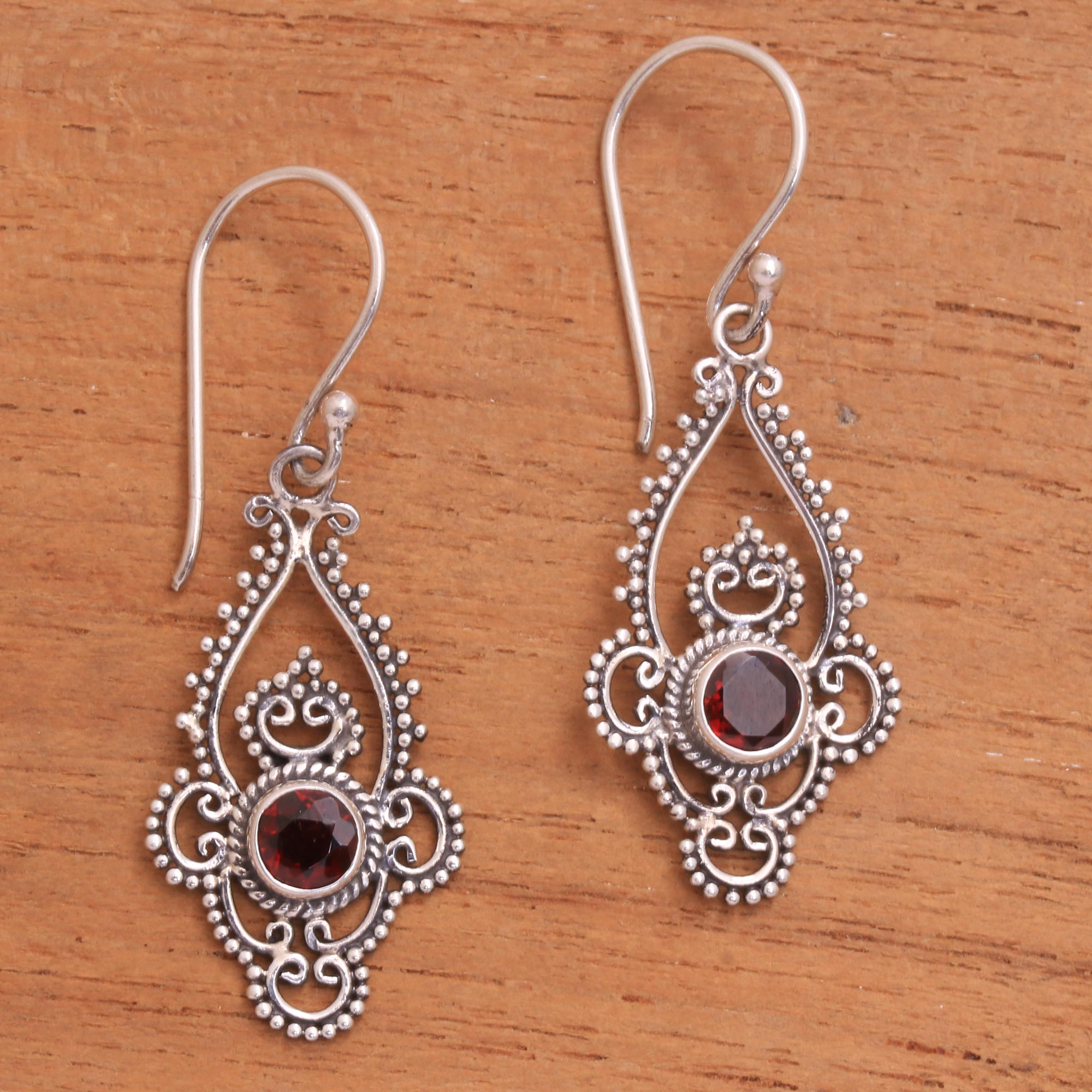 Garnet and Sterling Silver Dot and Scroll Dangle Earrings - Elegant ...