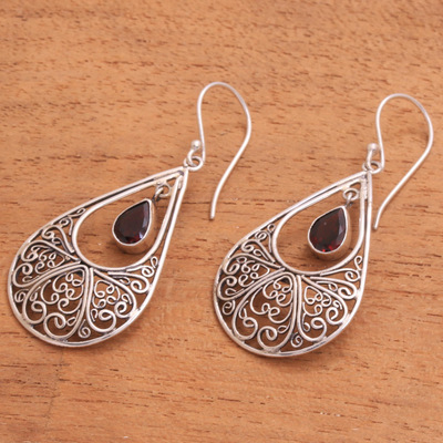 Garnet dangle earrings, 'Brimming with Elegance' - Garnet Sterling Silver Scrollwork Teardrop Dangle Earrings